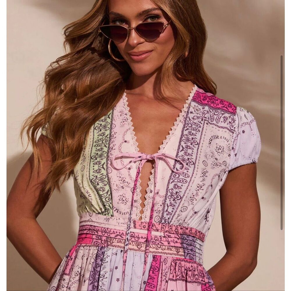 VICI Spring Days Abstract Colorblock Mini Dress Pink Patchwork Ruffle Medium m - Picture 11 of 16